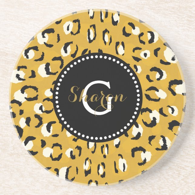 Modern chic gold cheetah print pattern monogram drink coaster (Front)