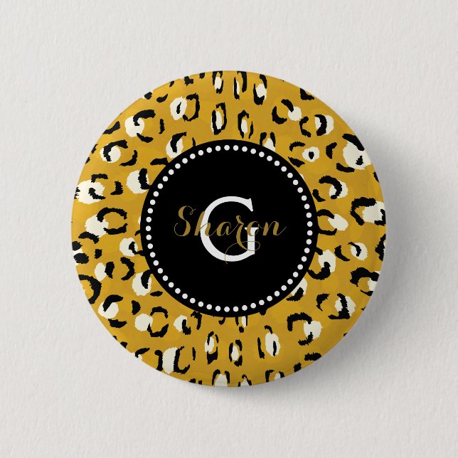 Modern chic gold cheetah print pattern monogram pinback button (Front)