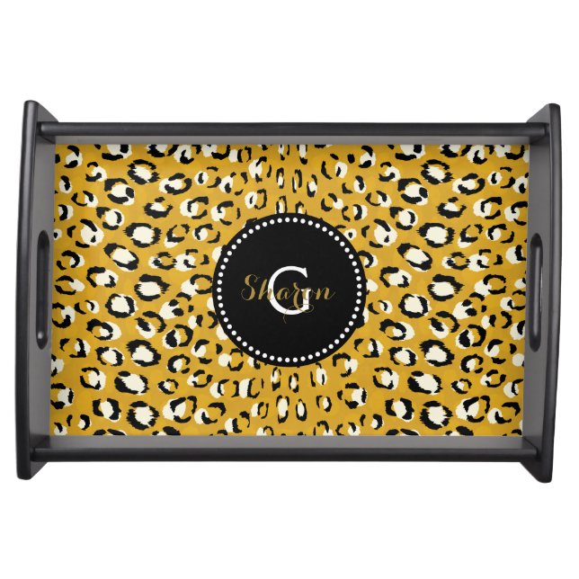 Modern chic gold cheetah print pattern monogram serving tray (Front)