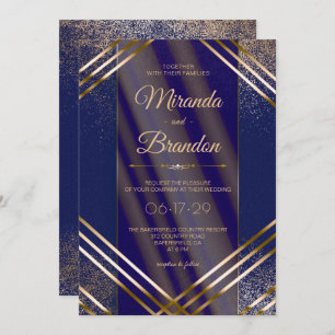 Modern Chic Gold Confetti Navy Blue Wedding Invitation