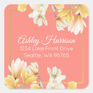 Modern Chic Gold Coral Floral Return Address Square Sticker