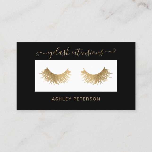 Modern chic gold eyelashes elegant black border business card (Front)
