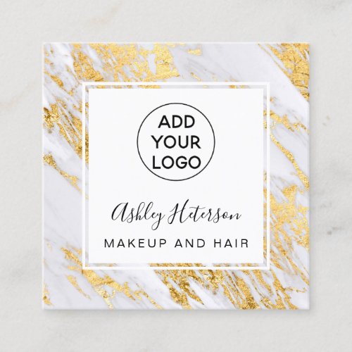 Modern chic gold foil marble logo hair makeup square business card