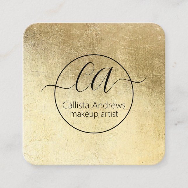Modern Chic Gold Foil Monogram Makeup Artist Square Business Card (Front)