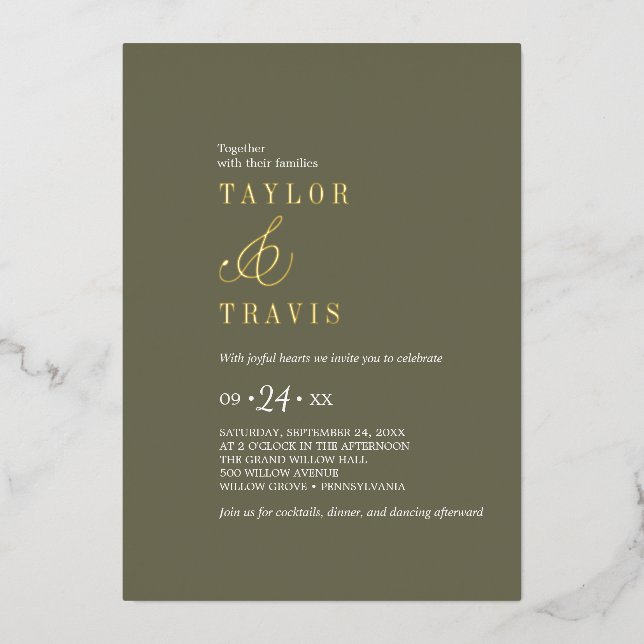 Modern Chic Gold Foil Olive Green Casual Wedding  Foil Invitation (Front)