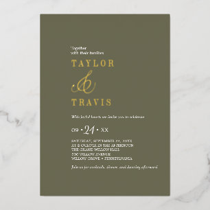 Modern Chic Gold Foil Olive Green Casual Wedding  Invitation