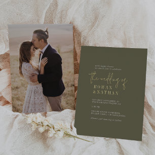 Modern Chic Gold Foil Olive Green Photo Wedding Invitation