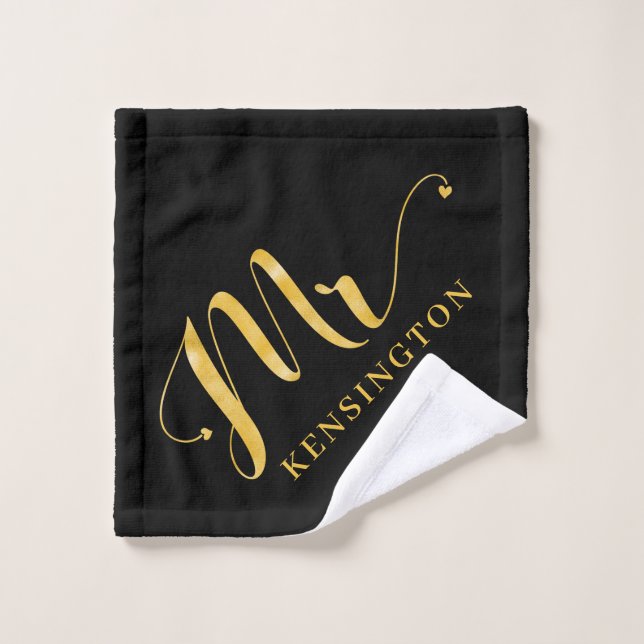 Modern Chic Gold Foil Typography Mr Newlywed Bath Towel Set (Wash Cloth)