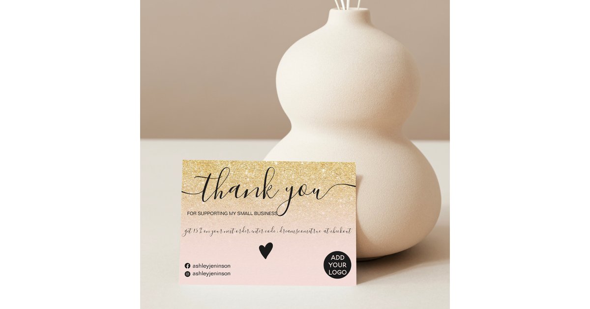 Modern chic gold glitter blush order thank you card | Zazzle