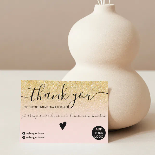 Modern chic gold glitter blush order thank you card | Zazzle
