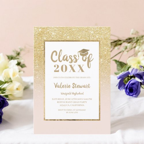 Modern chic gold glitter class of photo graduation invitation