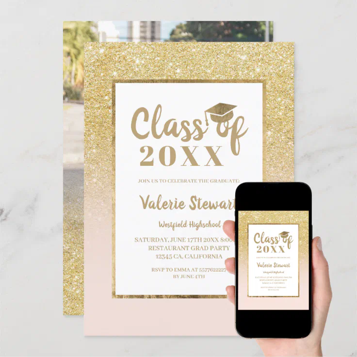 Modern Chic Gold Glitter Class Of Photo Graduation Invitation | Zazzle