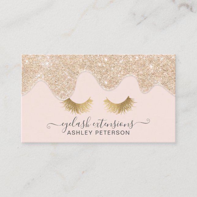 Modern chic gold glitter drips blush pink eyelash business card (Front)