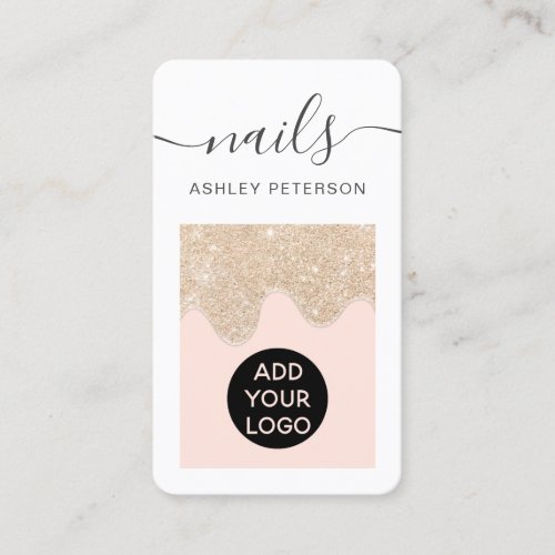 Modern chic gold glitter drips pink nails script business card