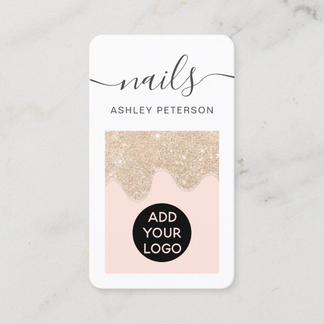 Modern chic gold glitter drips pink nails script business card (Front)