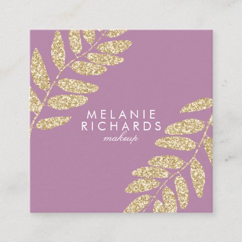 Modern chic gold glitter leaves mauve makeup square business card