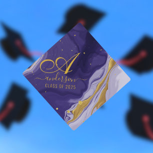 Modern Chic Gold Glitter Navy Agate Monogram Grad Graduation Cap Topper