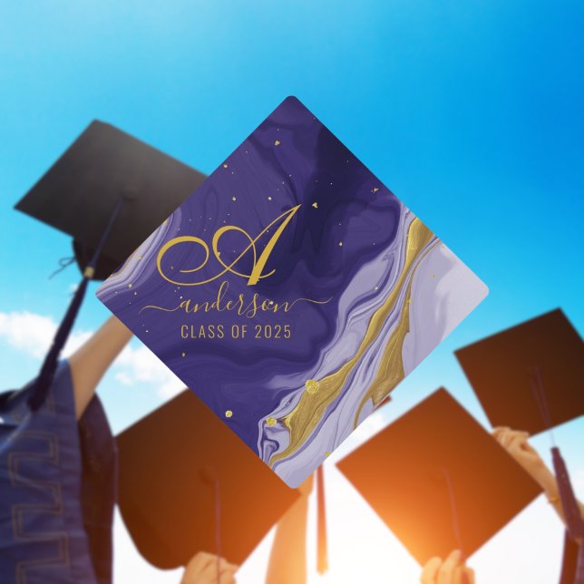 Modern Chic Gold Glitter Navy Agate Monogram Grad Graduation Cap Topper (Creator Uploaded)