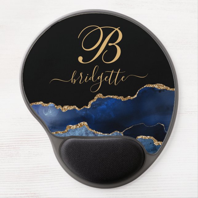 Modern Chic Gold Glitter Navy Blue Agate Monogram Gel Mouse Pad (Front)
