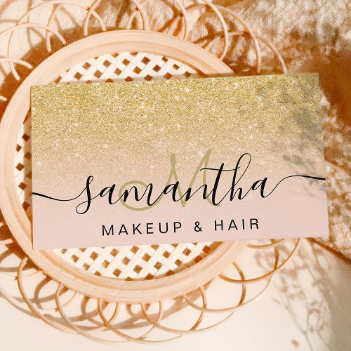 Modern chic gold glitter ombre blush makeup hair business card