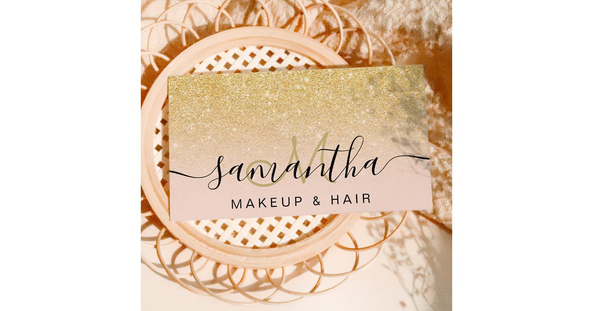 Modern chic gold glitter ombre blush makeup hair business card | Zazzle