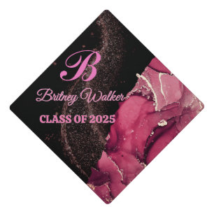 Modern Chic Gold Glitter purple marble Monogram Graduation Cap Topper