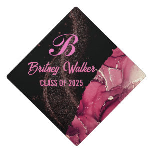 Modern Chic Gold Glitter purple marble Monogram Graduation Cap Topper