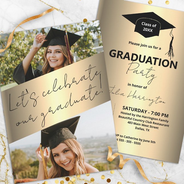 Modern Chic Gold Metallic Photo Graduation Party Invitation (Creator Uploaded)