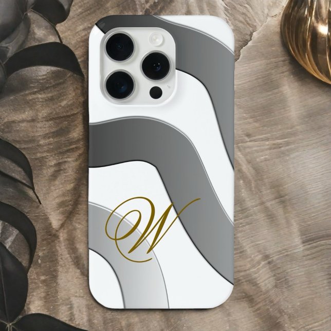 Modern chic gold monogram abstract white gray line Case-Mate iPhone case (Creator Uploaded)