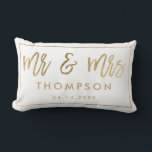 Modern chic gold Mr and Mrs wedding keepsake white Lumbar Pillow<br><div class="desc">Modern chic yellow gold Mr and Mrs wedding keepsake names with a faux gold calligraphy script,  add your names and your wedding date with a geometric frame border,  the white color background is fully editable.</div>