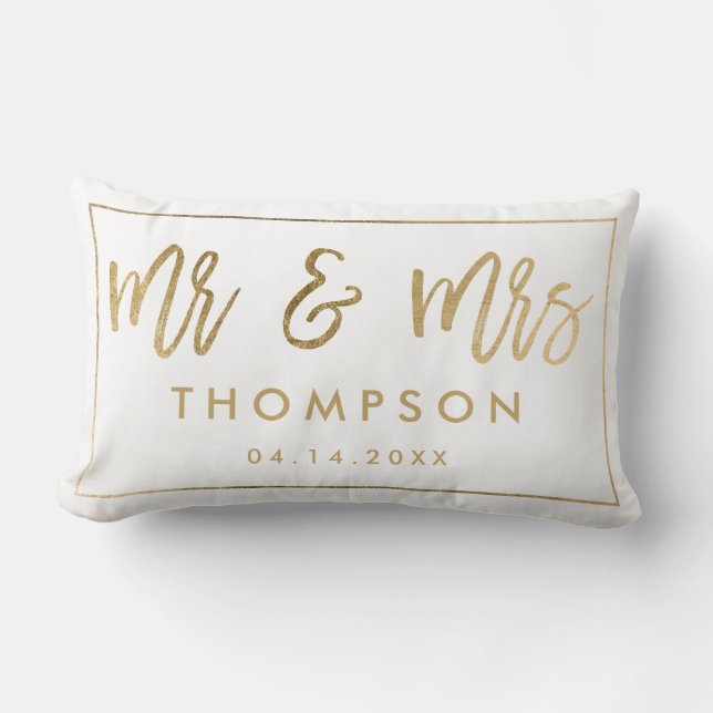 Modern chic gold Mr and Mrs wedding keepsake white Lumbar Pillow (Front)