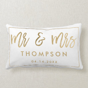 Modern chic gold Mr and Mrs wedding keepsake white Lumbar Pillow