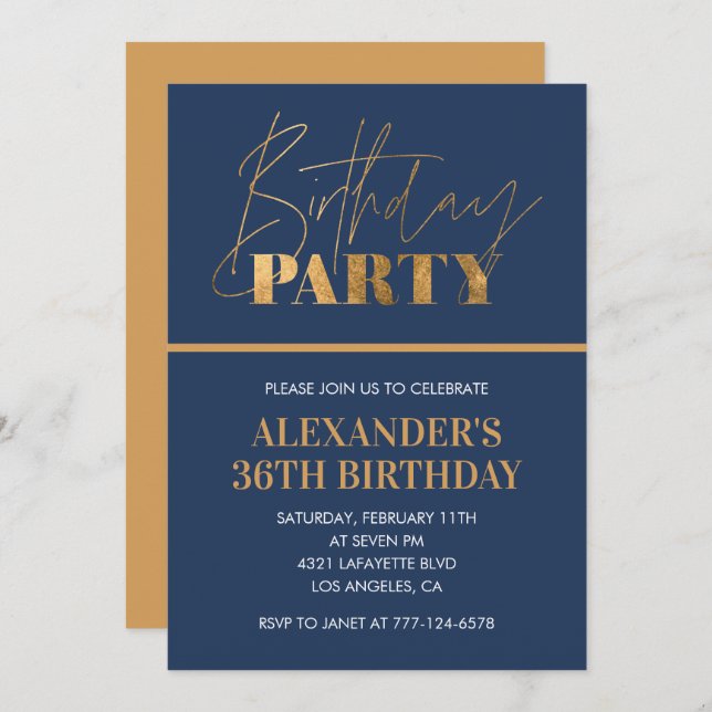  Modern Chic Gold Navy blue 36th birthday party Invitation (Front/Back)