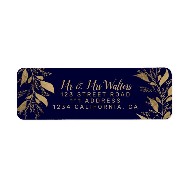 Modern chic gold navy blue branch script wedding label (Front)