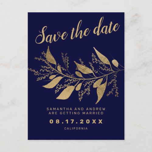 Modern chic gold navy blue  save the date wedding announcement postcard