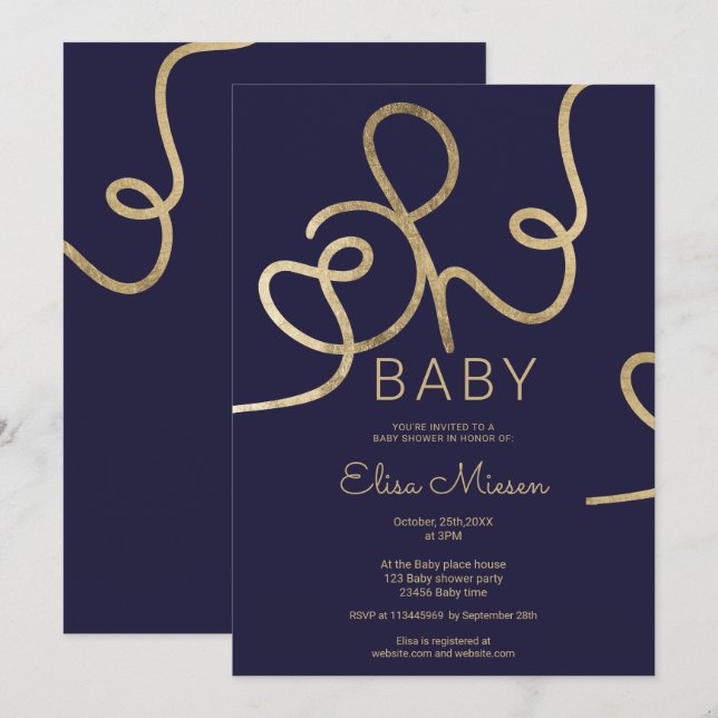 Modern chic gold navy calligraphy Oh baby shower Invitation (Front/Back)