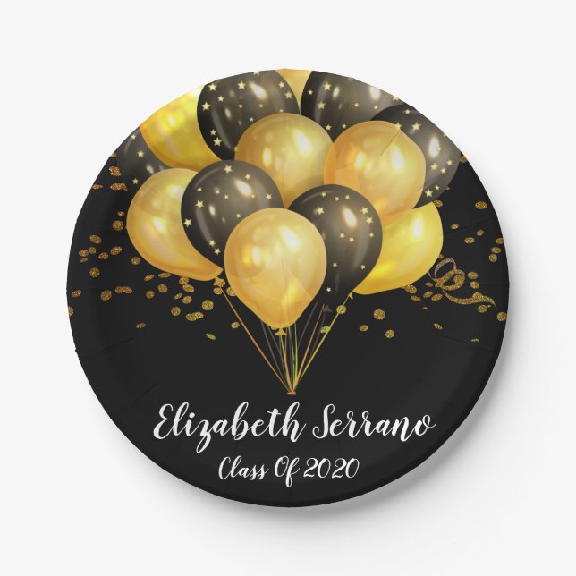 Modern Chic Gold On Black Balloons And Confetti Paper Plates (Front)