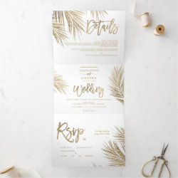 Modern chic gold palm tree elegant wedding Tri-Fold invitation