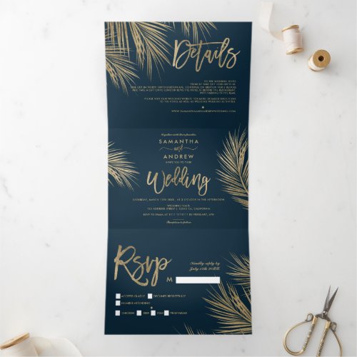 Modern chic gold palm tree navy blue wedding Tri_Fold invitation