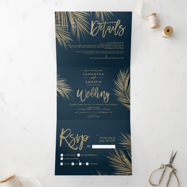 Modern chic gold palm tree navy blue wedding Tri-Fold invitation (Inside)