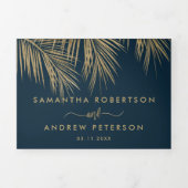 Modern chic gold palm tree navy blue wedding Tri-Fold invitation (Cover)
