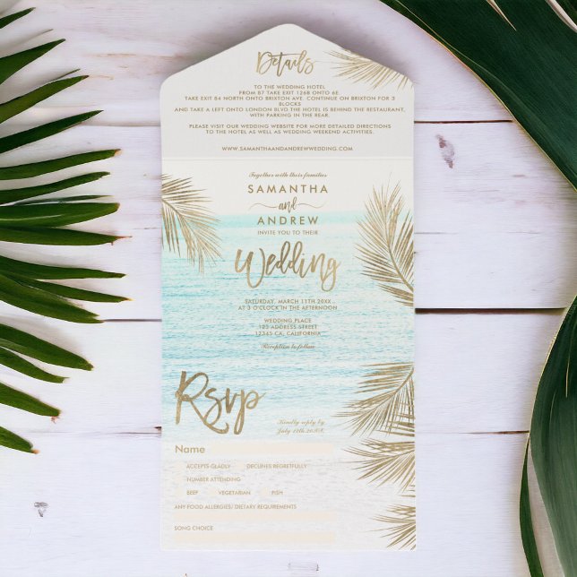 Modern chic gold palm tree tropical beach wedding all in one invitation (Modern chic gold palm tree tropical beach wedding all in one invitation)