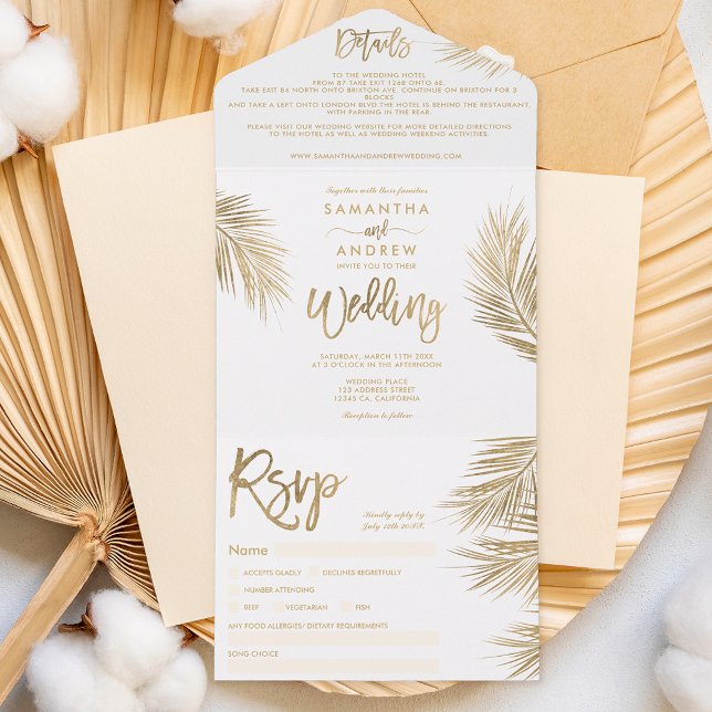 Modern chic gold palm tree tropical wedding all in one invitation (Creator Uploaded)
