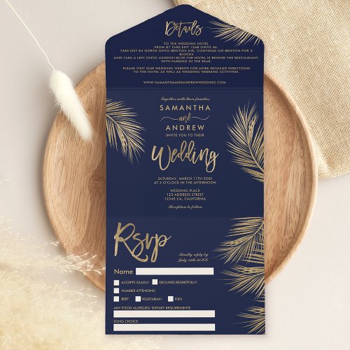 Modern chic gold palm tree tropical wedding  all in one invitation