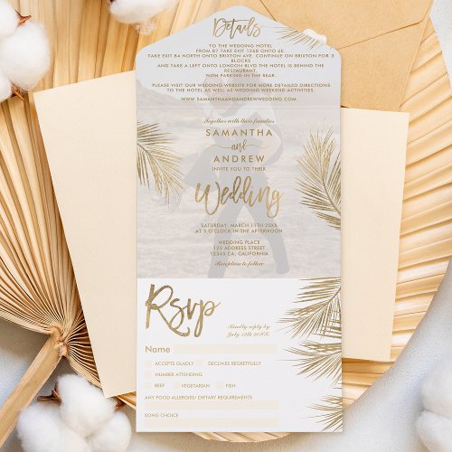 Modern chic gold palm tree tropical wedding photo all in one invitation