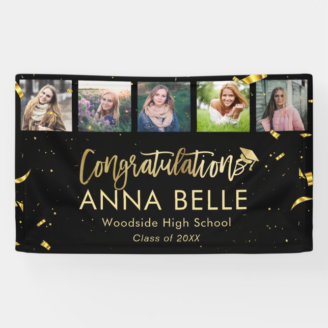 Modern Chic Gold Script Photo Collage Graduation Banner (Horizontal)