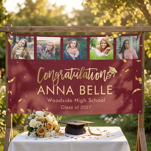 Modern Chic Gold Script Photo Collage Graduation Banner (Creator Uploaded)