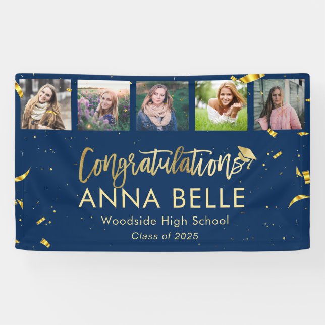 Modern Chic Gold Script Photo Collage Graduation Banner (Horizontal)