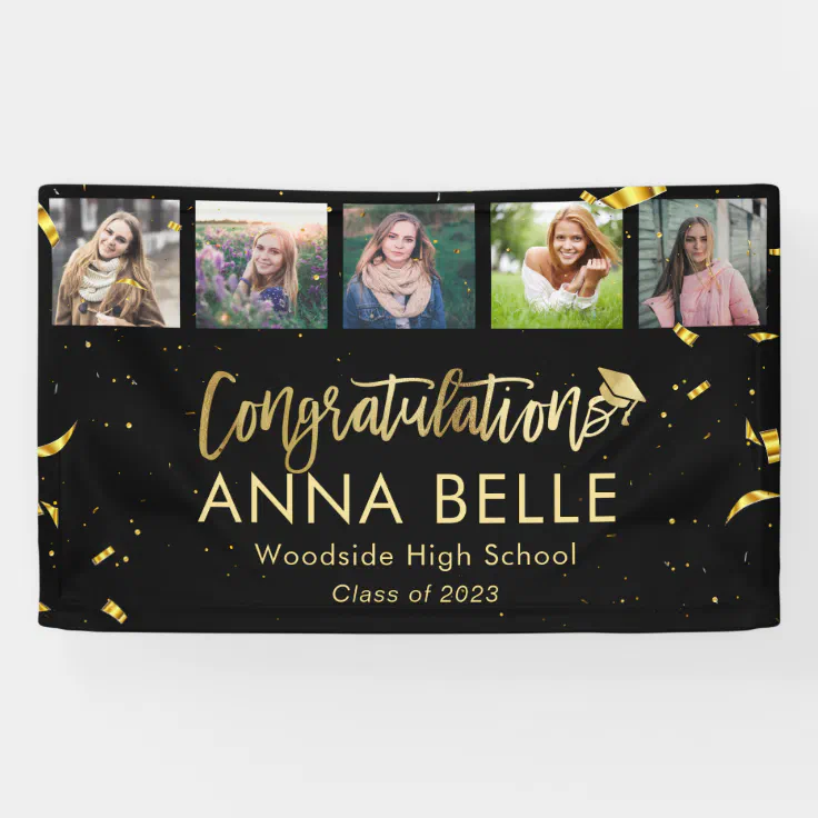 Modern Chic Gold Script Photo Collage Graduation Banner | Zazzle