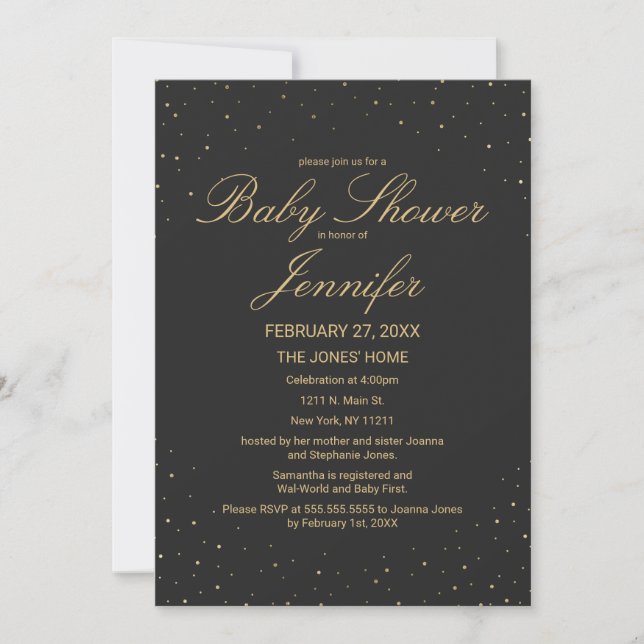 Modern Chic Gold Speckled on Black Baby Shower Invitation (Front)
